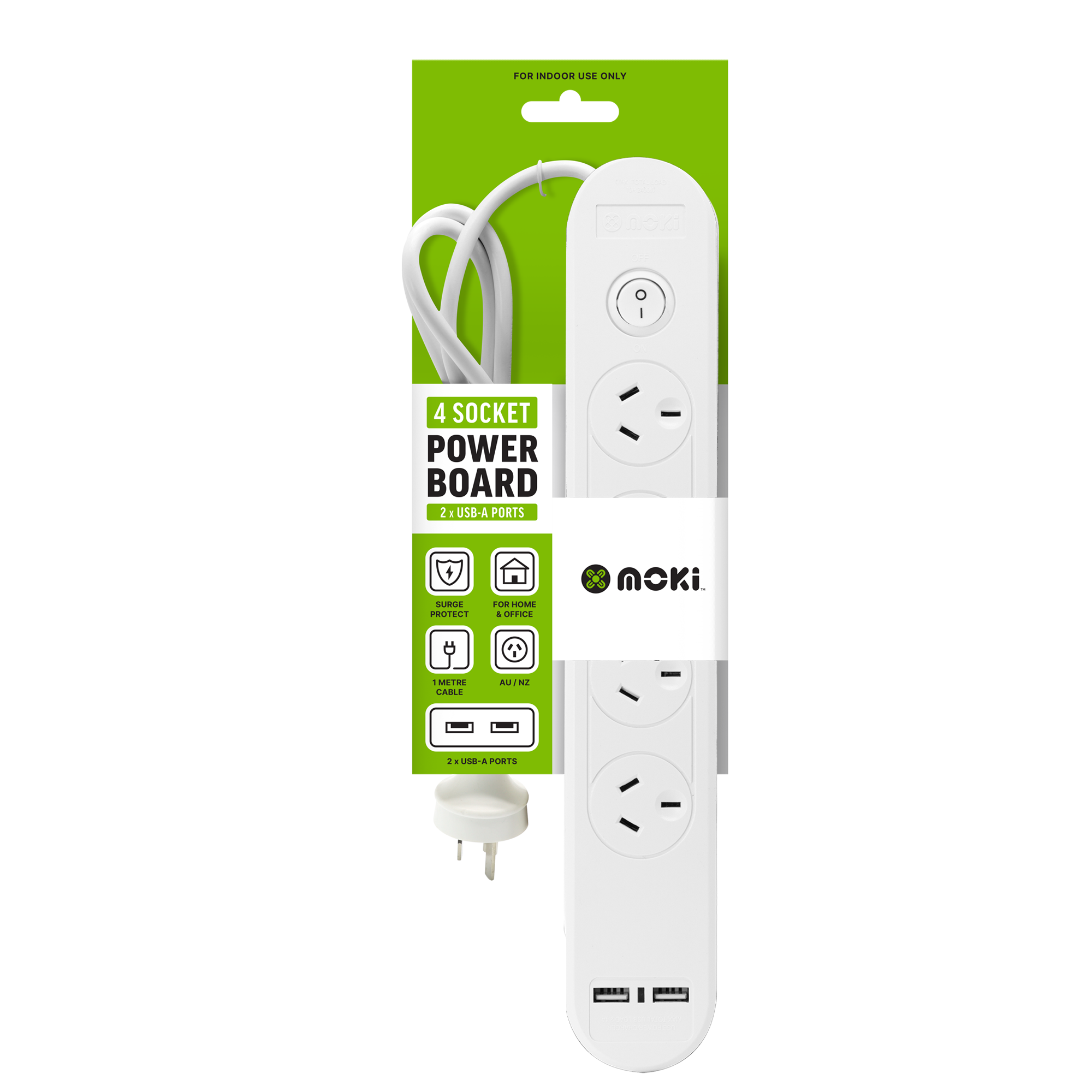 Moki Powerboard - 4 Socket + 2 USB-A + 1 Switch