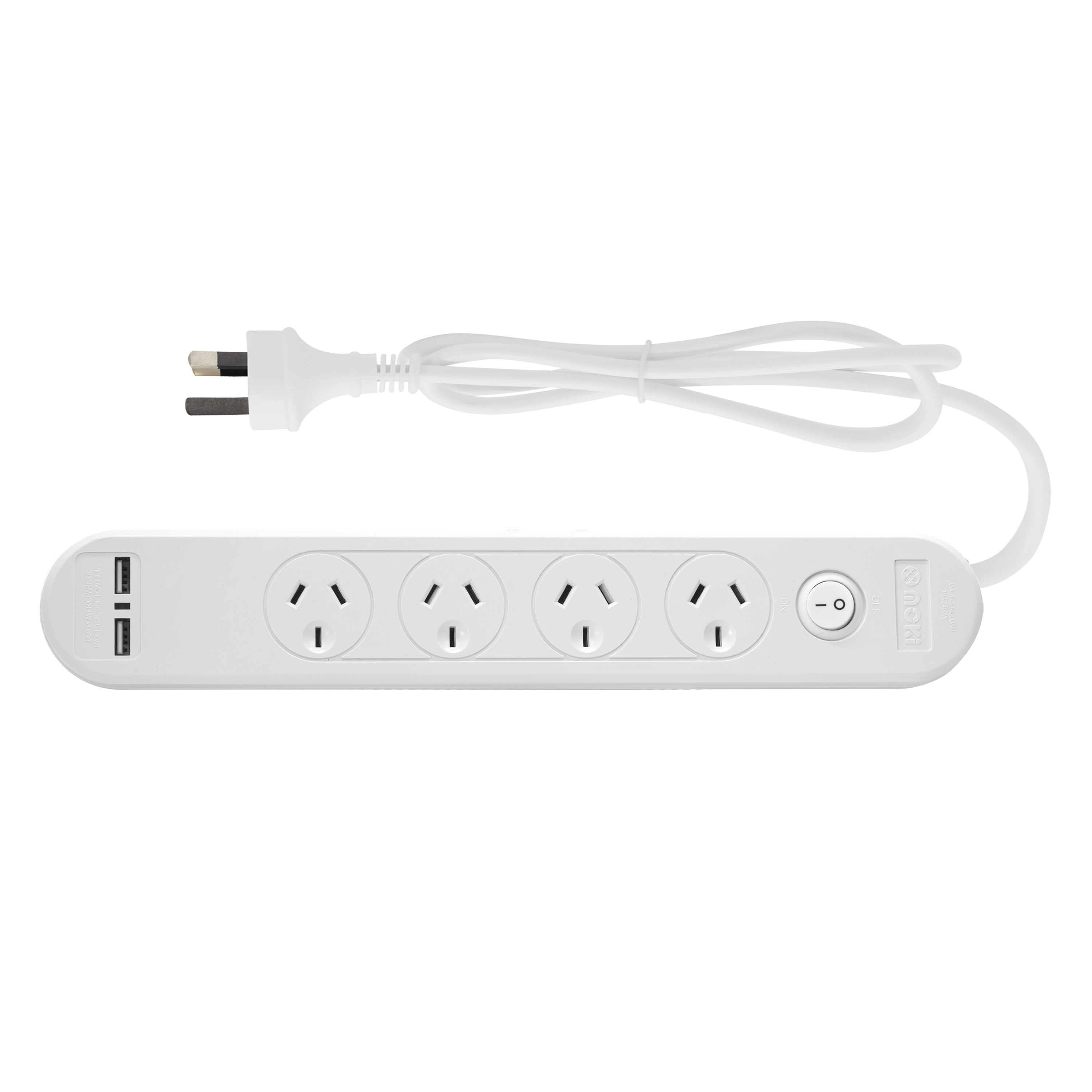 Moki Powerboard - 4 Socket + 2 USB-A + 1 Switch